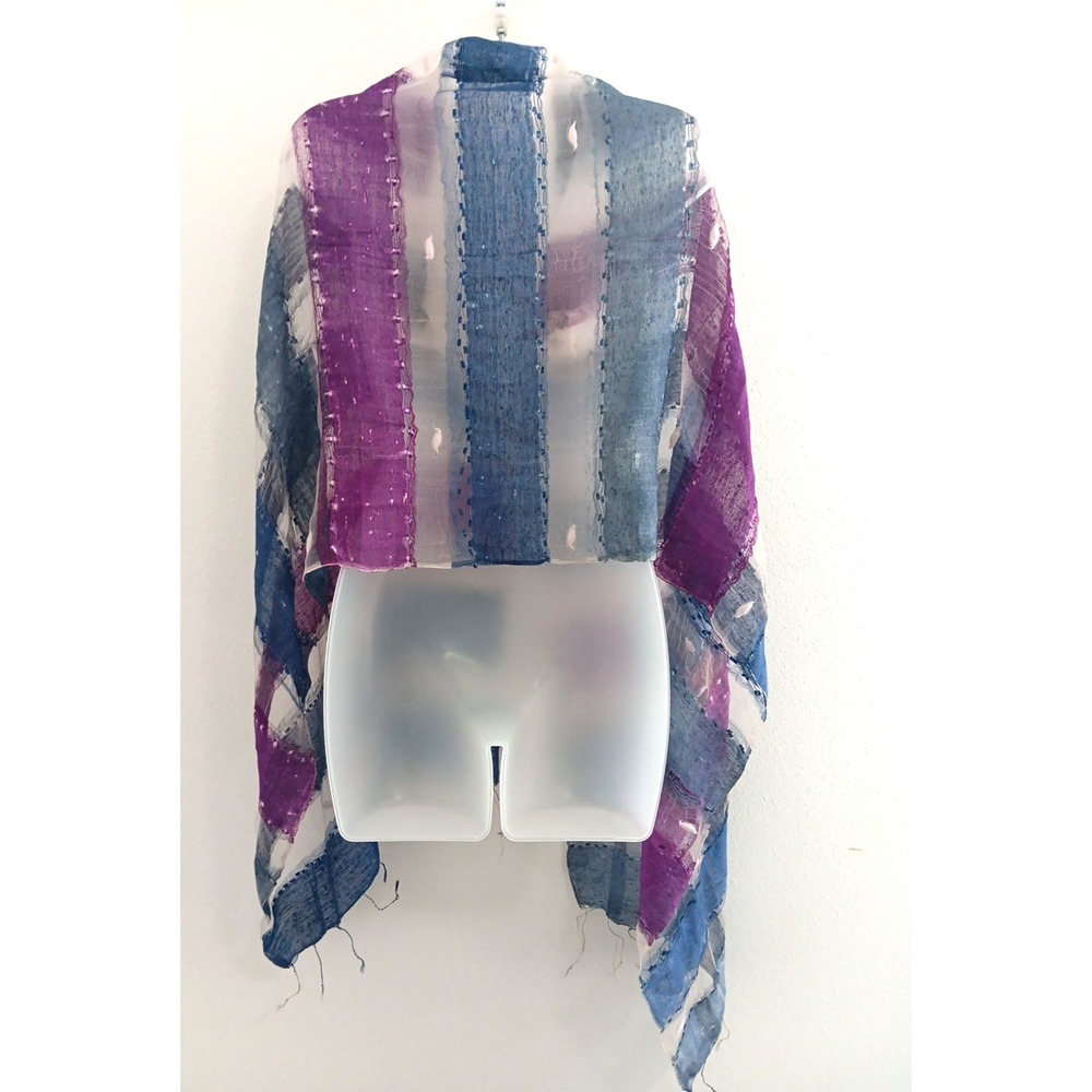 Textured Scarf Shawl Artsy Silk Stripe Blues Purple Fringe Boho Chic Lagonlook